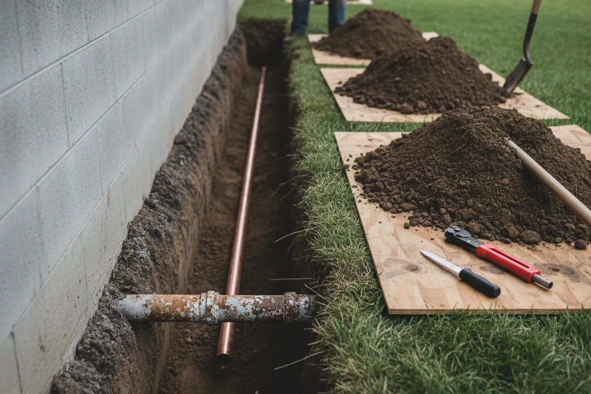 Excavated water line trench during Sewer Line Repair in Skillman